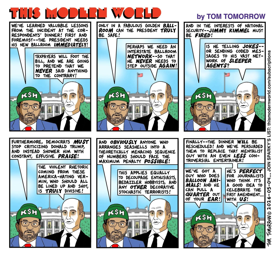 This Modern World by Tom Tomorrow: satirical comic depicting a late-stress executive regime — Helm fragility, Lore distortion, Shield overreach. Reality no longer corrects power; power attempts to correct reality.